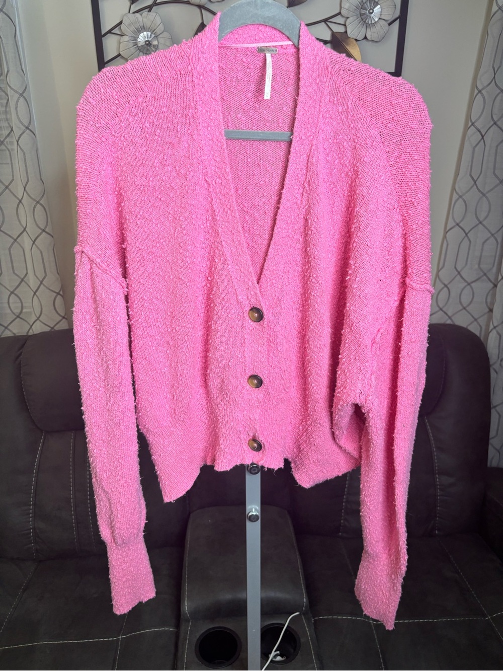 Free People Pink Button-Front Bouclé Cardigan